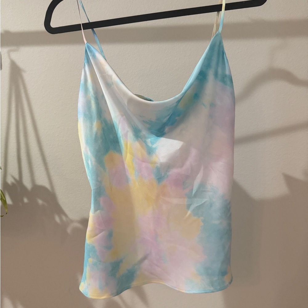 Zara Blue, Pink, Yellow Tie-dye Cowl Neck Cropped Tank